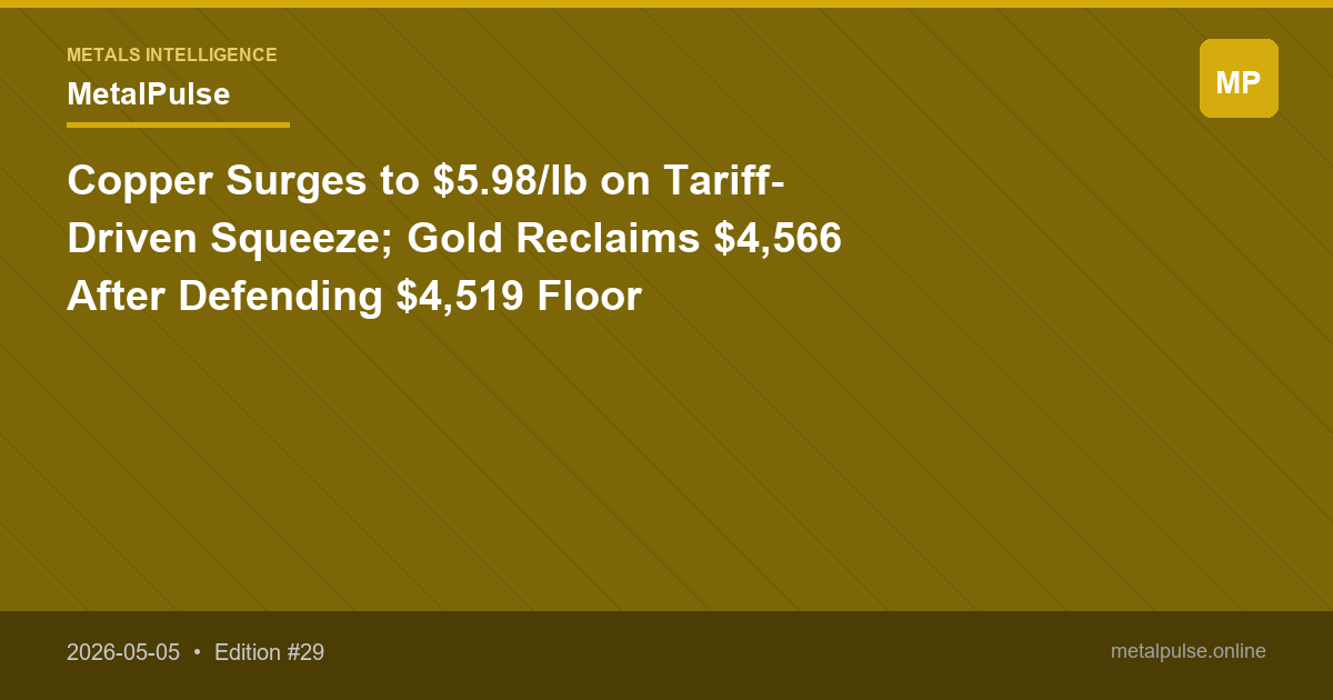 Copper Surges to $5.98/lb on Tariff-Driven Squeeze; Gold Reclaims $4,566 After Defending $4,519 Floor
